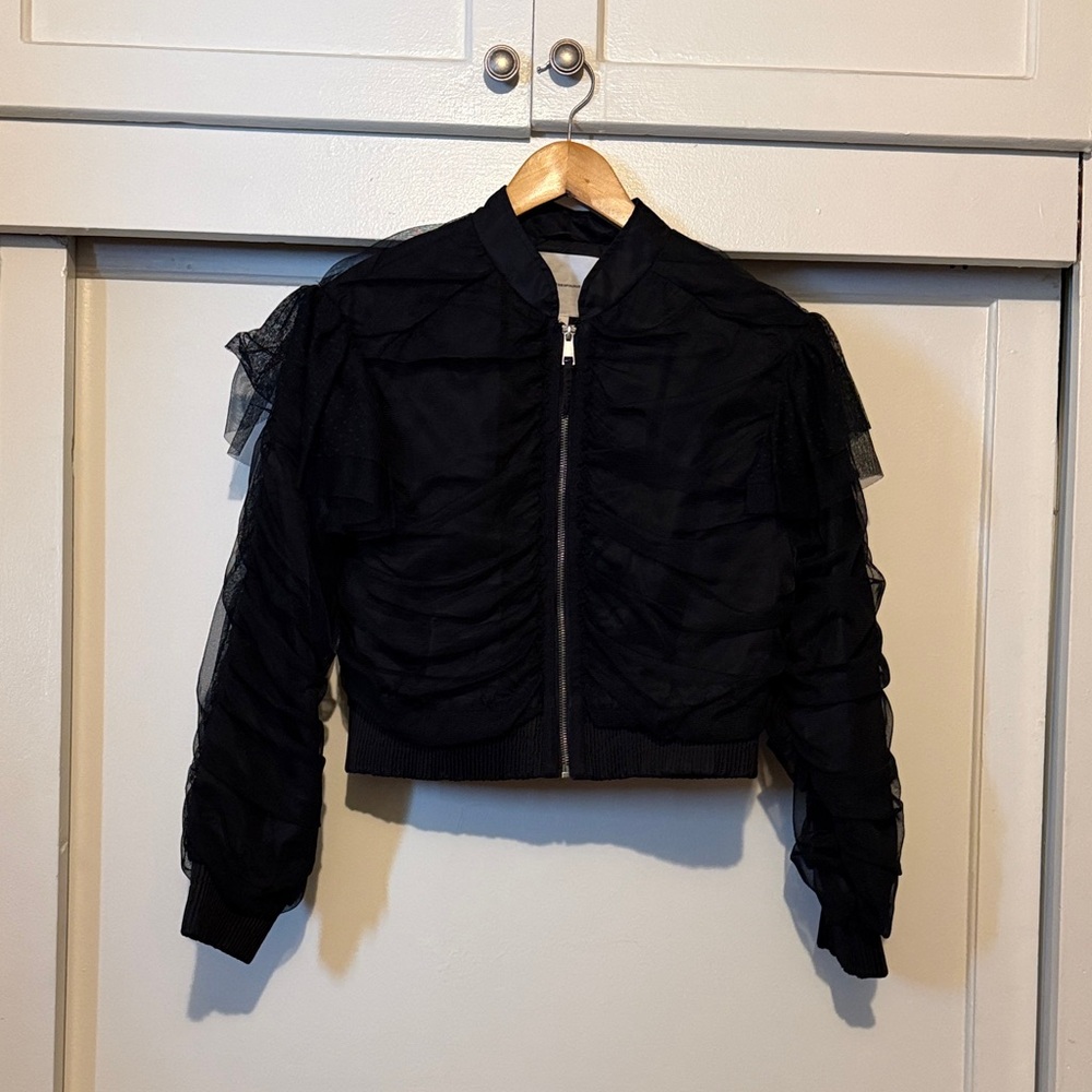 Anthropologie Black Ruched Mesh Bomber Jacket